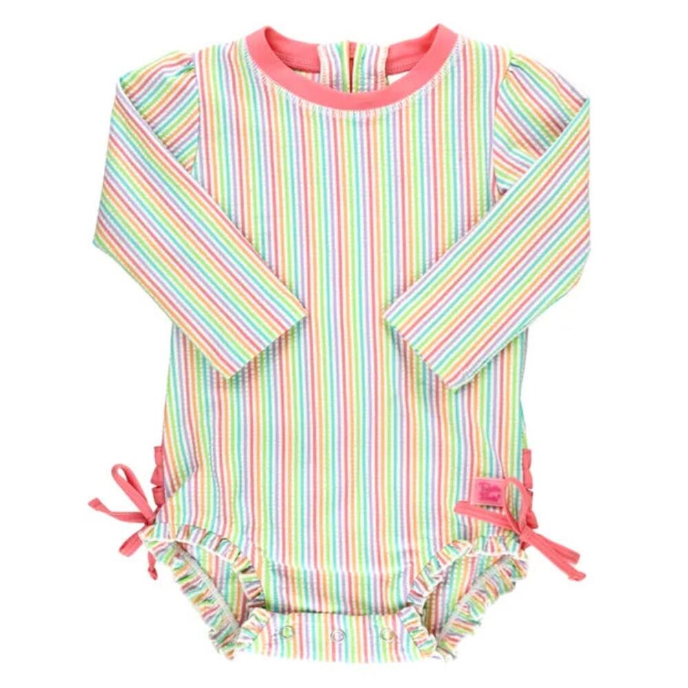 Nwot Ruffle Butts Seersucker Long Sleeve Rash Guard One Piece swimsuit 6-12 mths